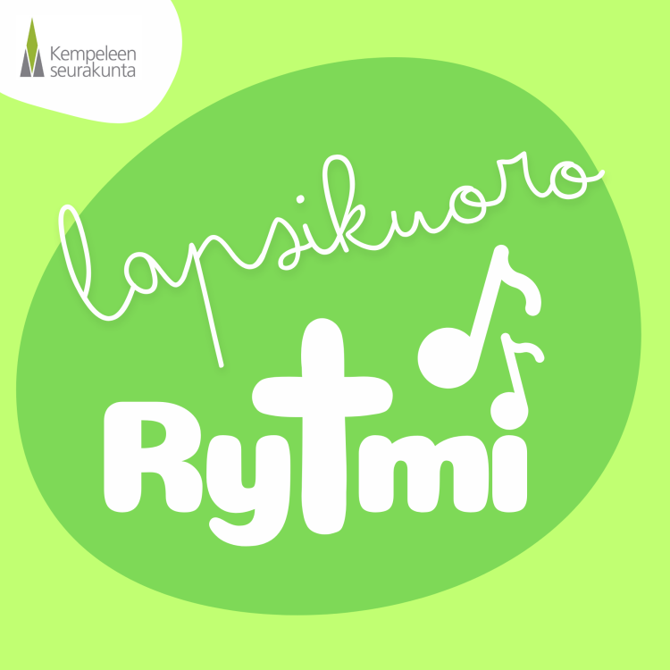 Lapsikuoro Rytmi Valkoinen Lapsikuoro Rytmi -teksti vihreällä pohjalla